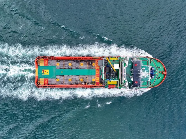 Offshore support vessel making a turn, seen from above